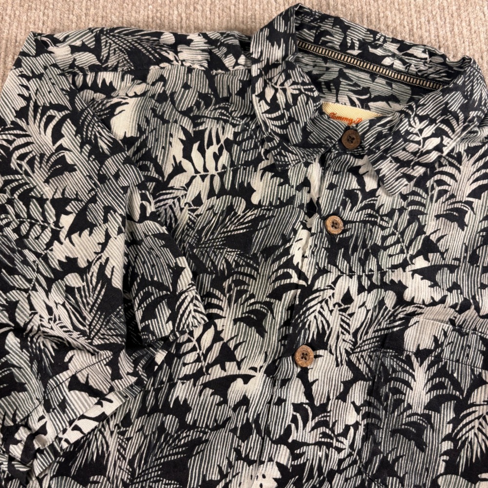 Tommy Bahama Mens M Black White Tropical Palm Print 100% Linen Button Down Shirt